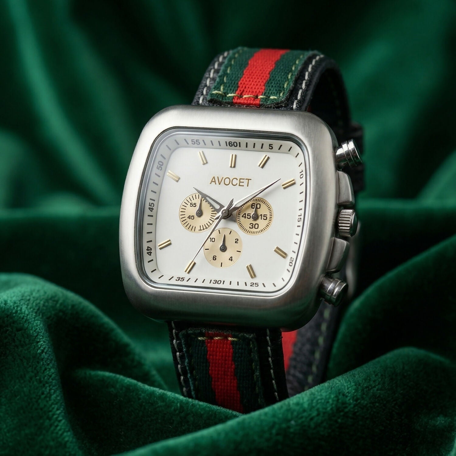 Close-up of striped fabric-leather strap on wrist watch