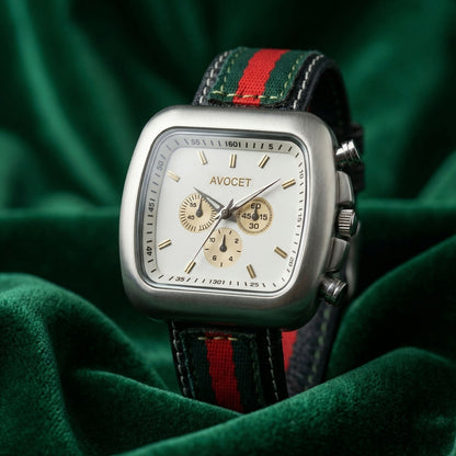 Close-up of striped fabric-leather strap on wrist watch