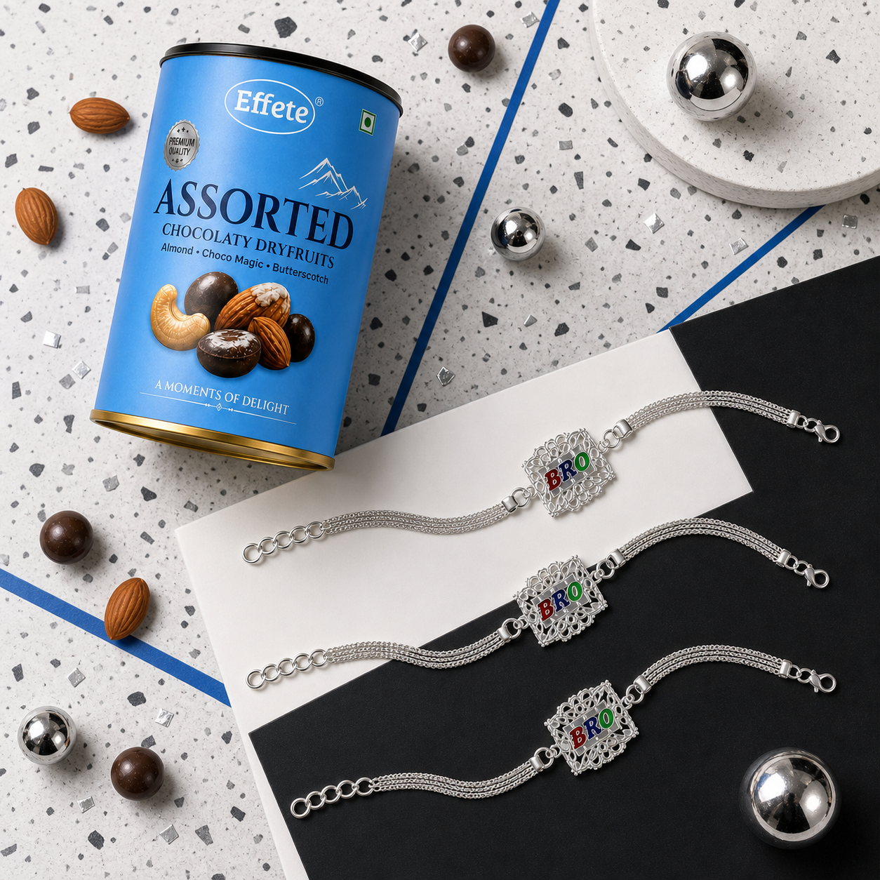 Bro Chain Bracelet Rakhi Set with Assorted Dryfruits, Pack of 3