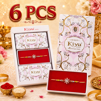 Rose Gold Sunburst Crystal Rakhi with Rainbow Beads, Roli Chawal Coin and Festive Gift Packing