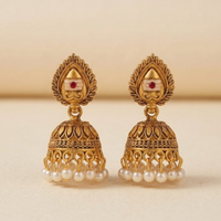 Traditional Gold Tone Temple Style Jhumka Earrings with Red Accents and Pearl Drops