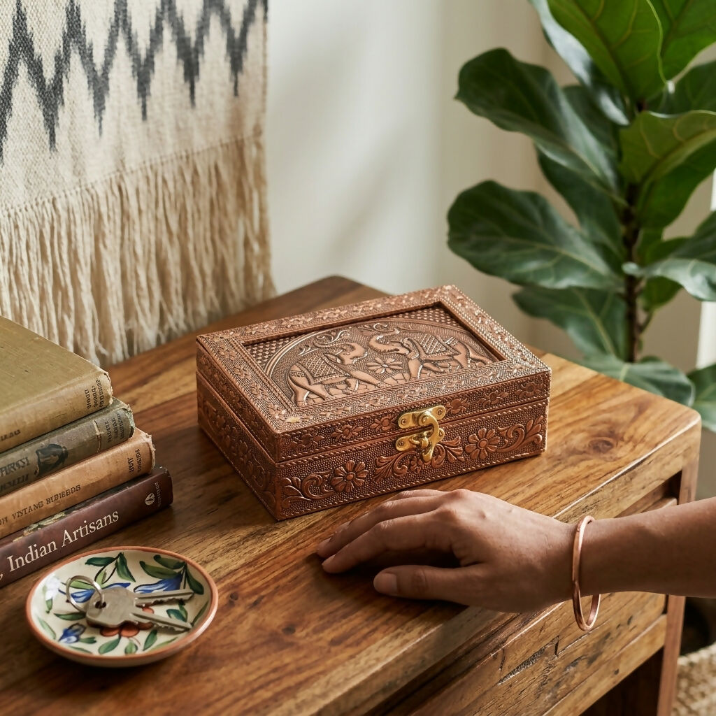Open copper-finish metal jewelry box with elephant embossing