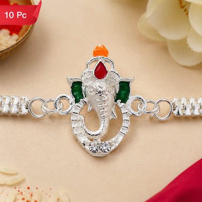 Ganesha Rakhi Stylish Enamel & Silver Chain for Brothers (10pcs)