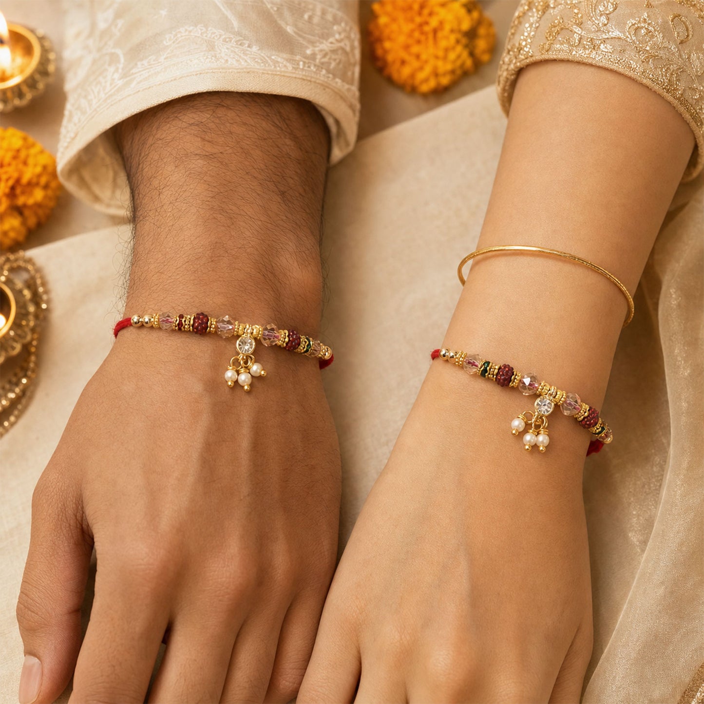 Crystal Beaded Bhaiya Bhabhi Rakhi Set with Pearl Lumba for Couple Raksha Bandhan