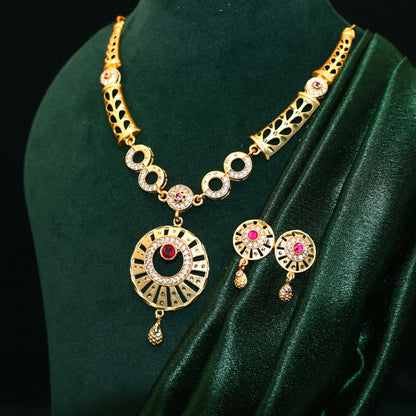Gold Plated Round Pendant Forming Necklace Set with Ruby Stone