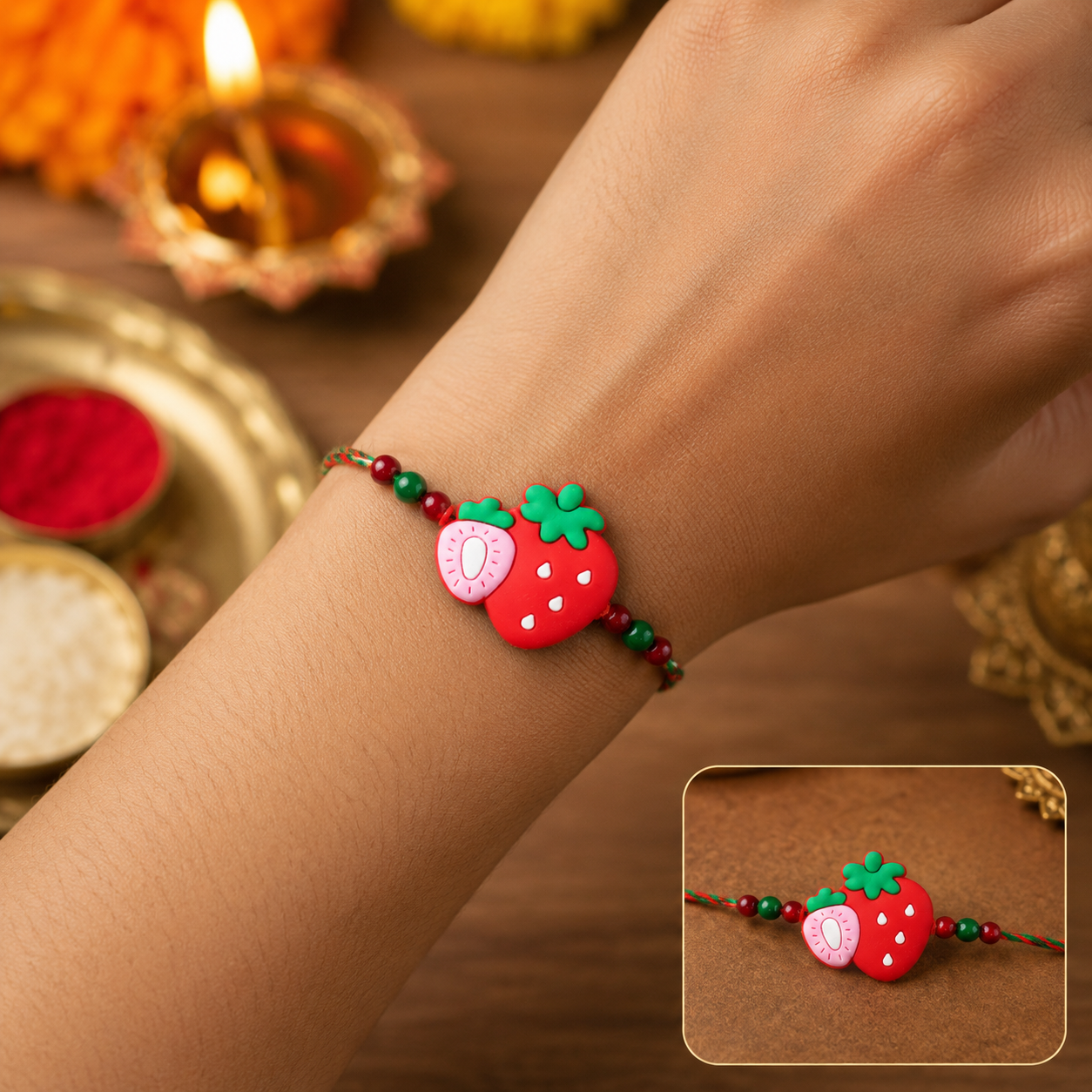 Strawberry Charm Kids Beaded Rakhi for Brother - Festive Design (10pcs)
