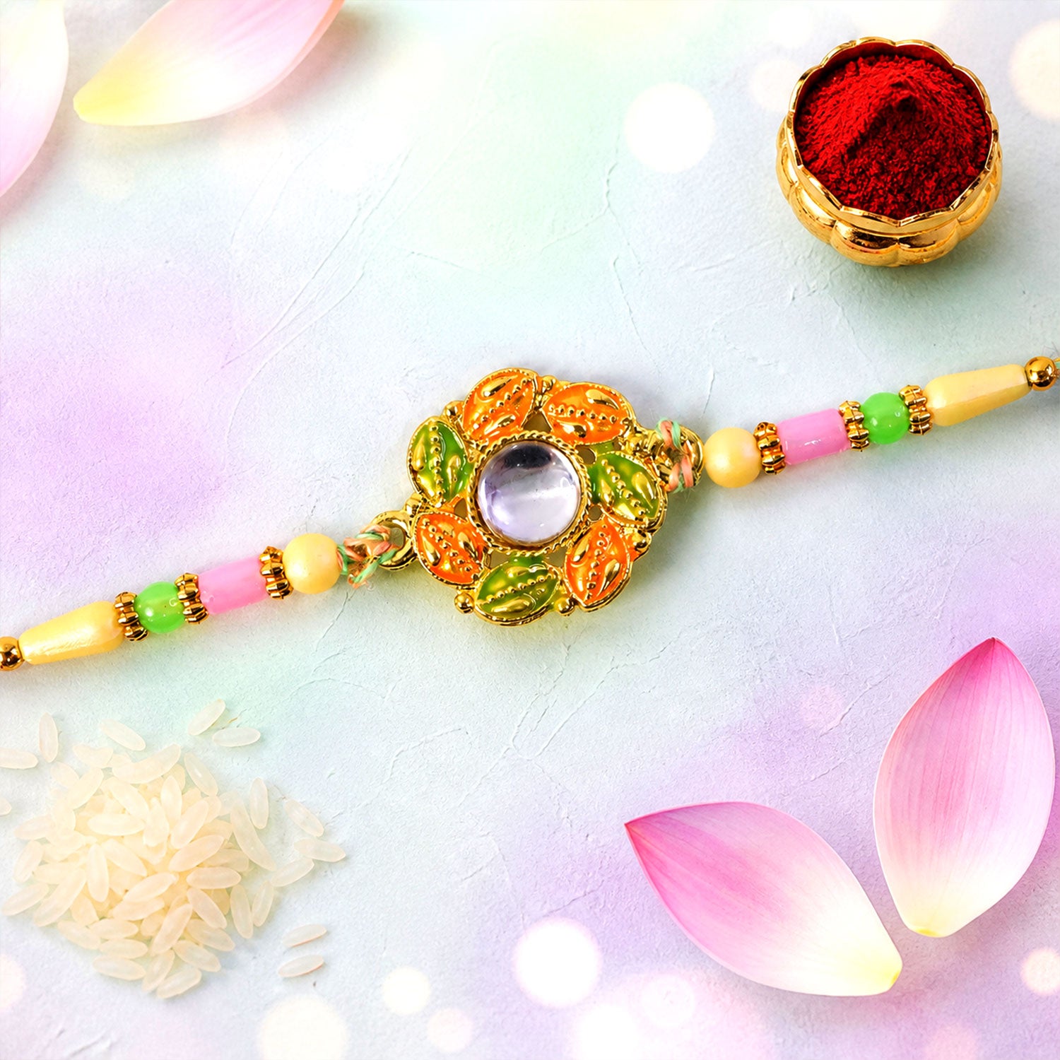 Gold Leaf Kundan Pendant Rakhi with Rudraksha Beads
