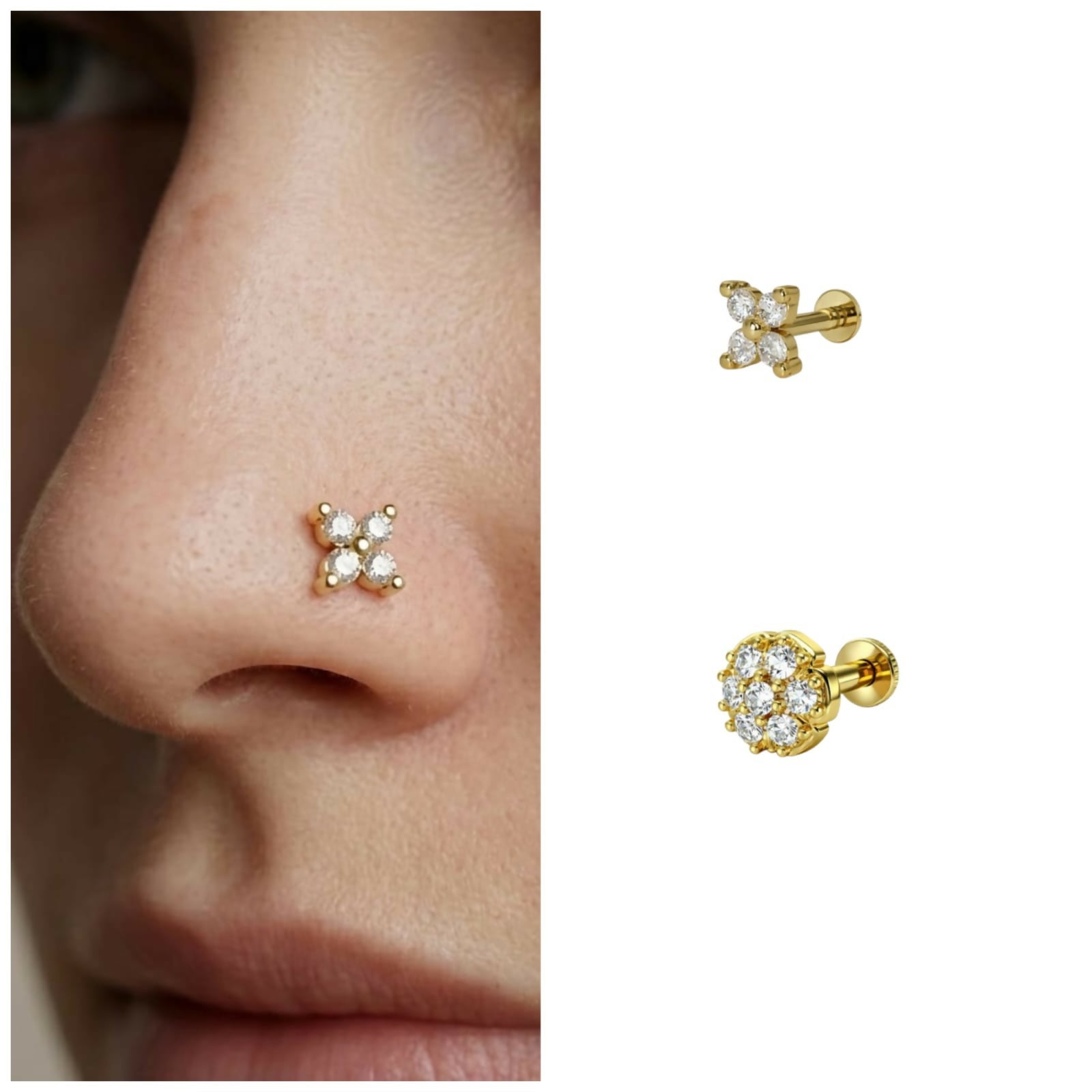 Gold plated crystal clover nosepin stud showcasing four-stone floral cluster