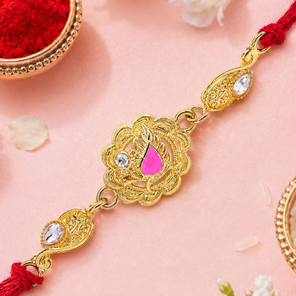 Premium Rakhi with Floral Medallion, crystal accents and gift style for Gift Styling