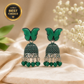 Green Butterfly Jhumka Earrings, Oxidized Silver with Bead Drops for Festive Wear