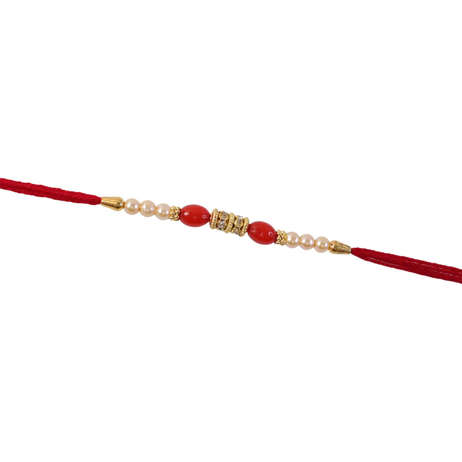 Red Moti Rakhi with Pearl Line and Antique Gold Spacer Beads