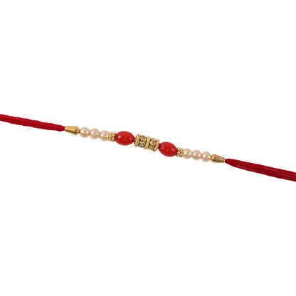 Red Moti Rakhi with Pearl Line and Antique Gold Spacer Beads