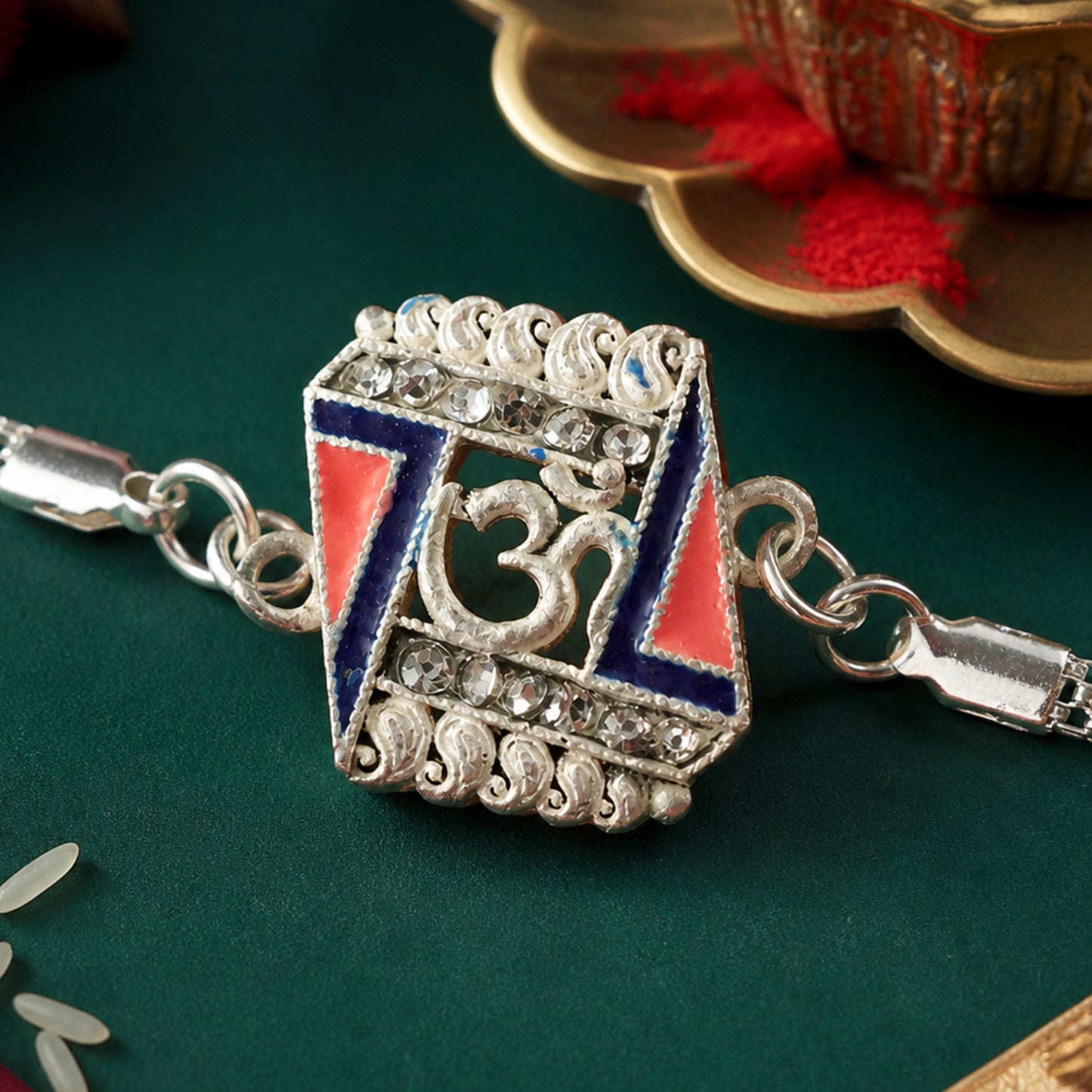 Om Stylish Square Motif Studded Enamel Silver Chain Designer Rakhi