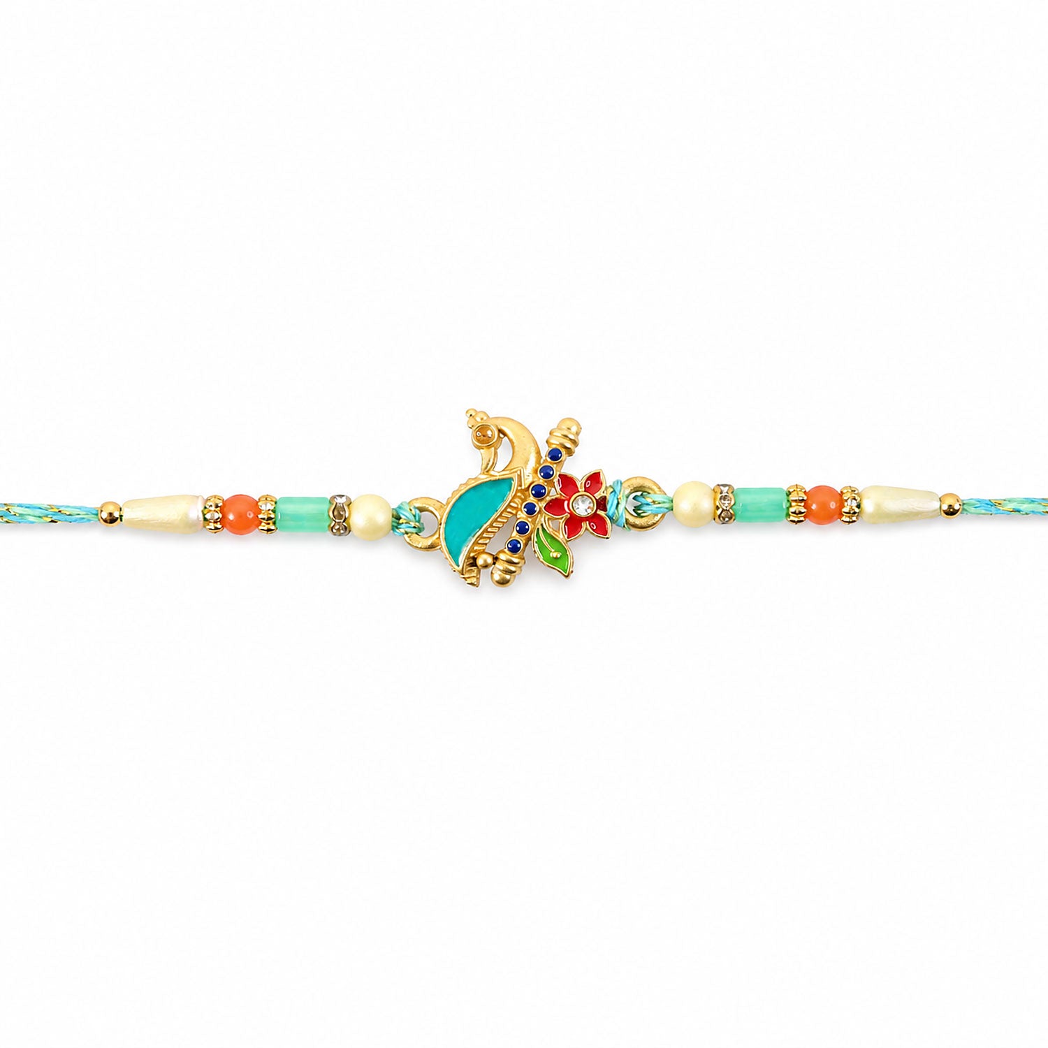 Teal Peacock Enamel Pendant Rakhi with Kundan Flower Accent