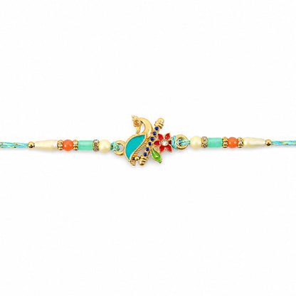 Teal Peacock Enamel Pendant Rakhi with Kundan Flower Accent