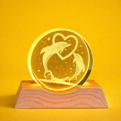 Dolphin Heart Engraved Acrylic LED Night Lamp with Wooden Base for Home Decor