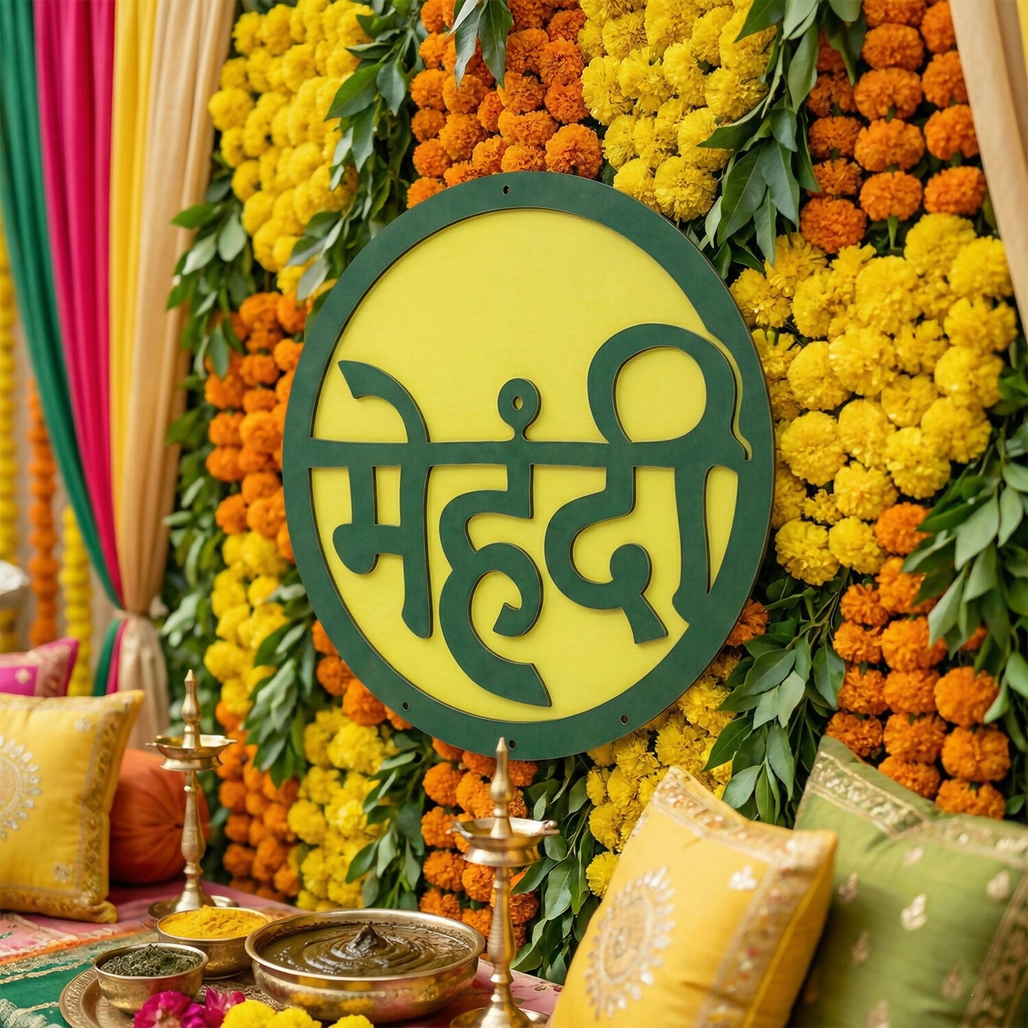 Mehendi Ceremony Decor | Green & Yellow Hindi Wall Hanging