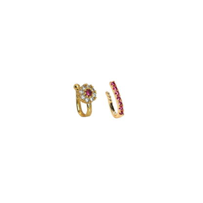 Gold Plated Clip-On Nose Pin Set AD & Pink Stone Combo Pack of 2