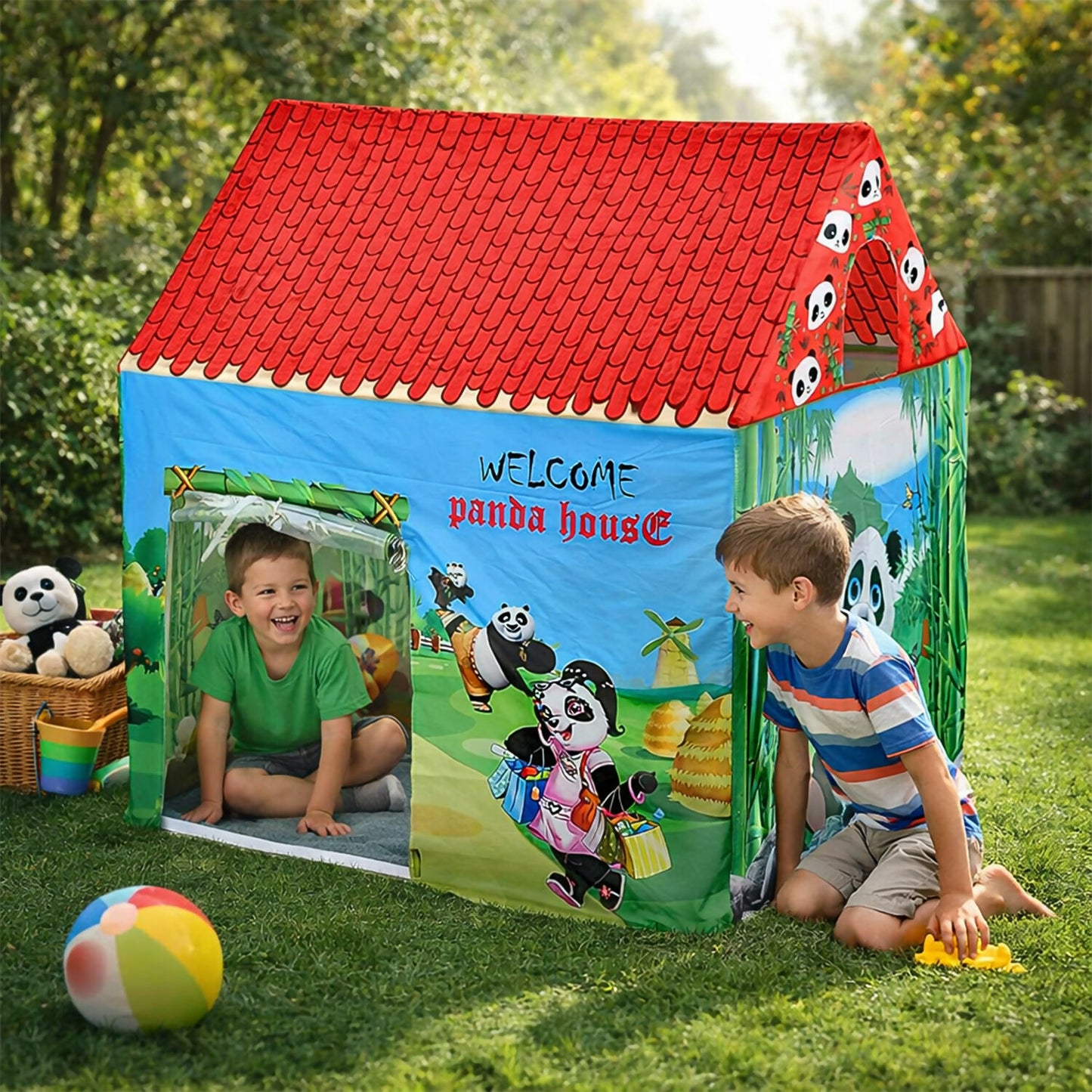 Panda Theme Foldable Kids Play Tent House with Cartoon Print for Indoor & Outdoor Play