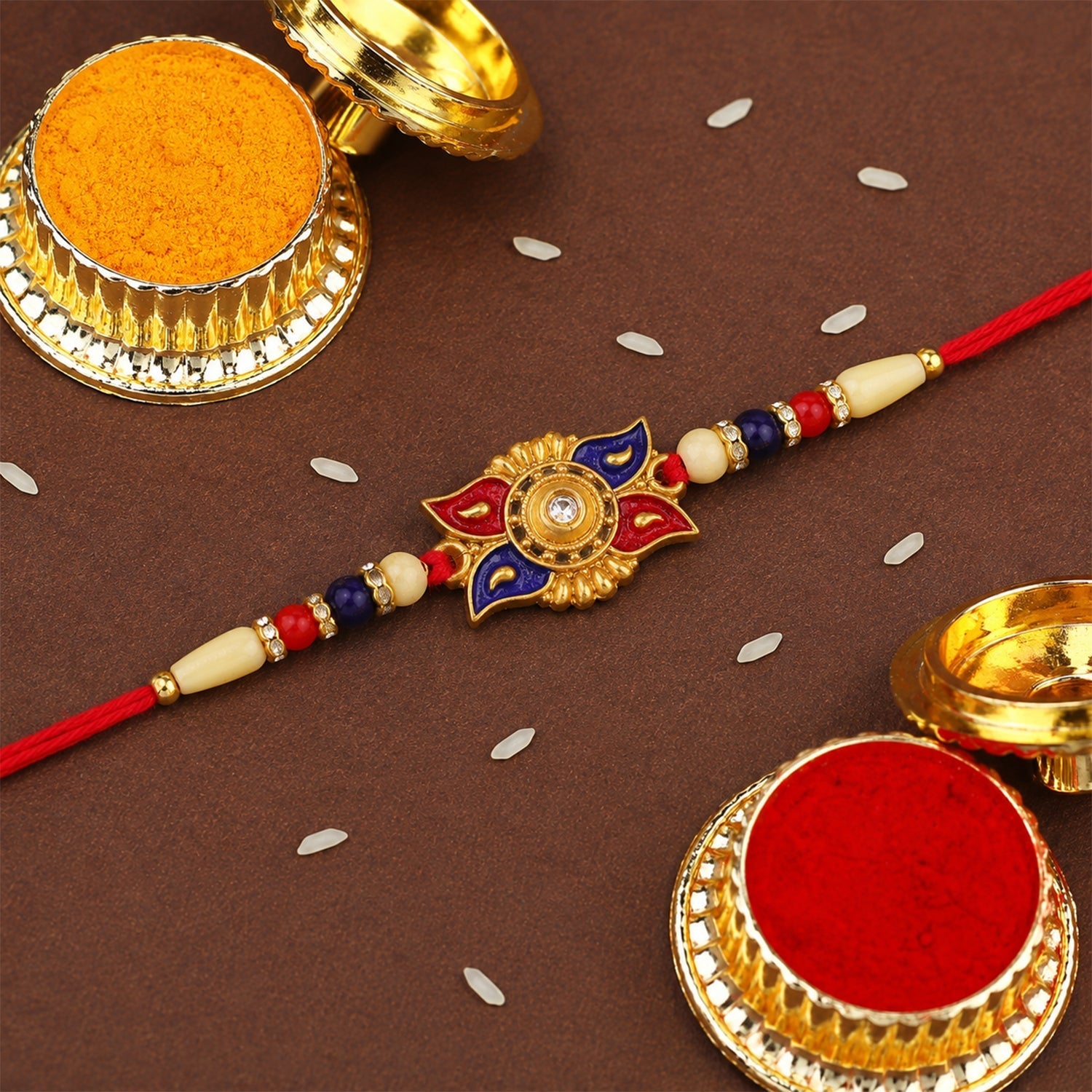 Traditional Red Blue Floral Kundan Rakhi Elegant Festive Design (10pcs)