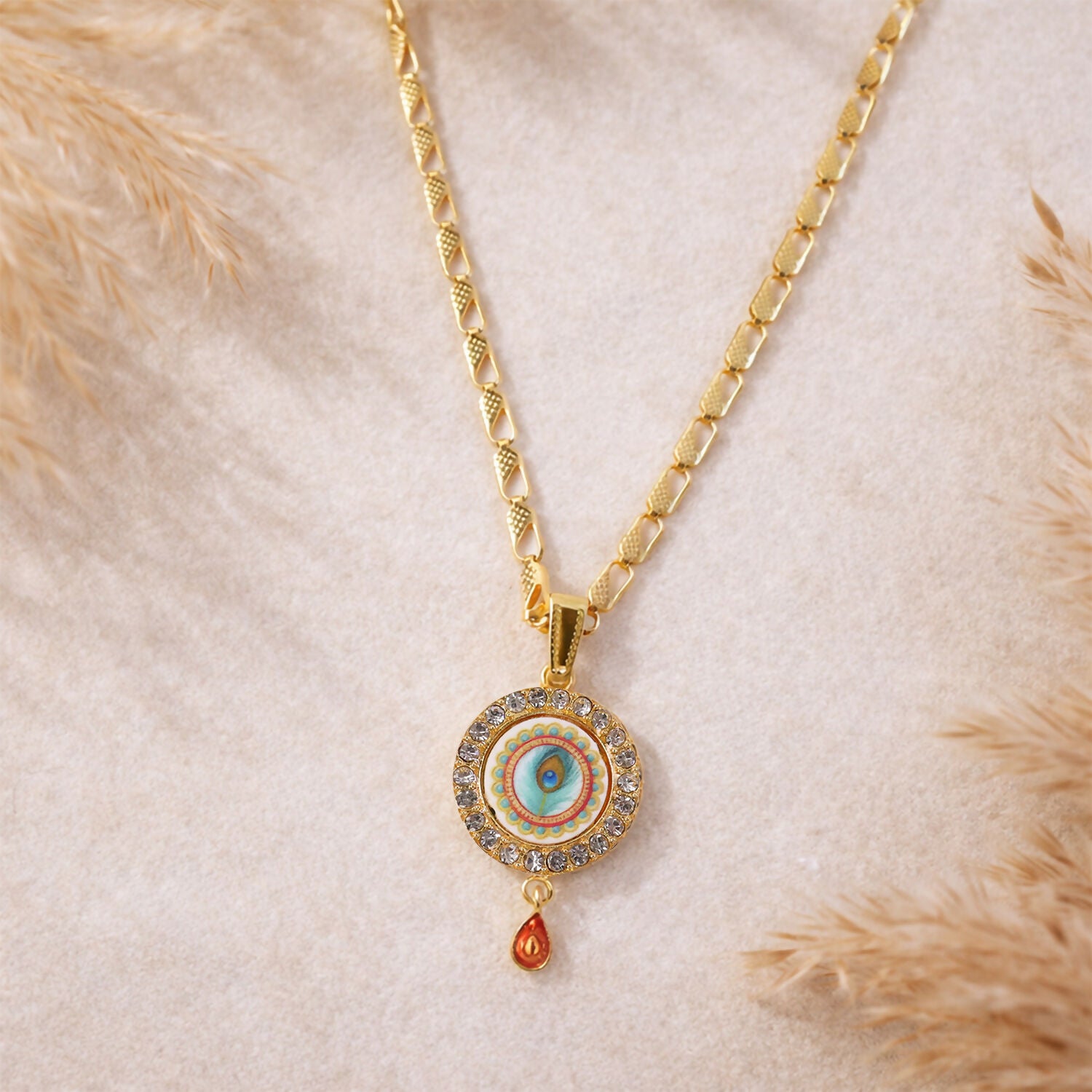 Gold Plated Evil Eye Pendant Necklace with Morpich Crystal Border