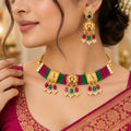 Golden-Plated Pink Green Bead Chick Choker Set with Peacock & Portrait Accents