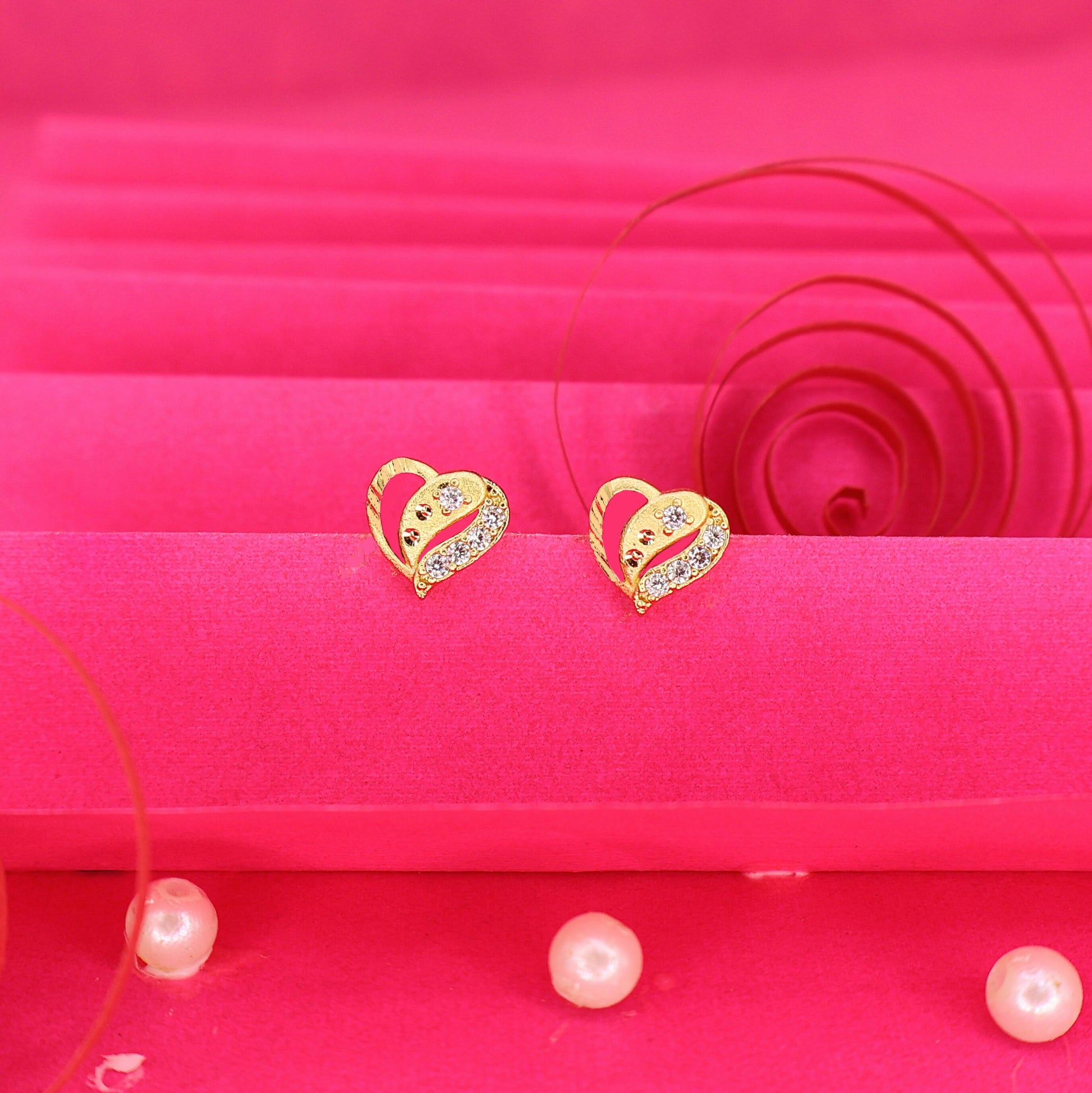 Gold Plated Heart Stud Earrings with Sparkling AD for women and girls