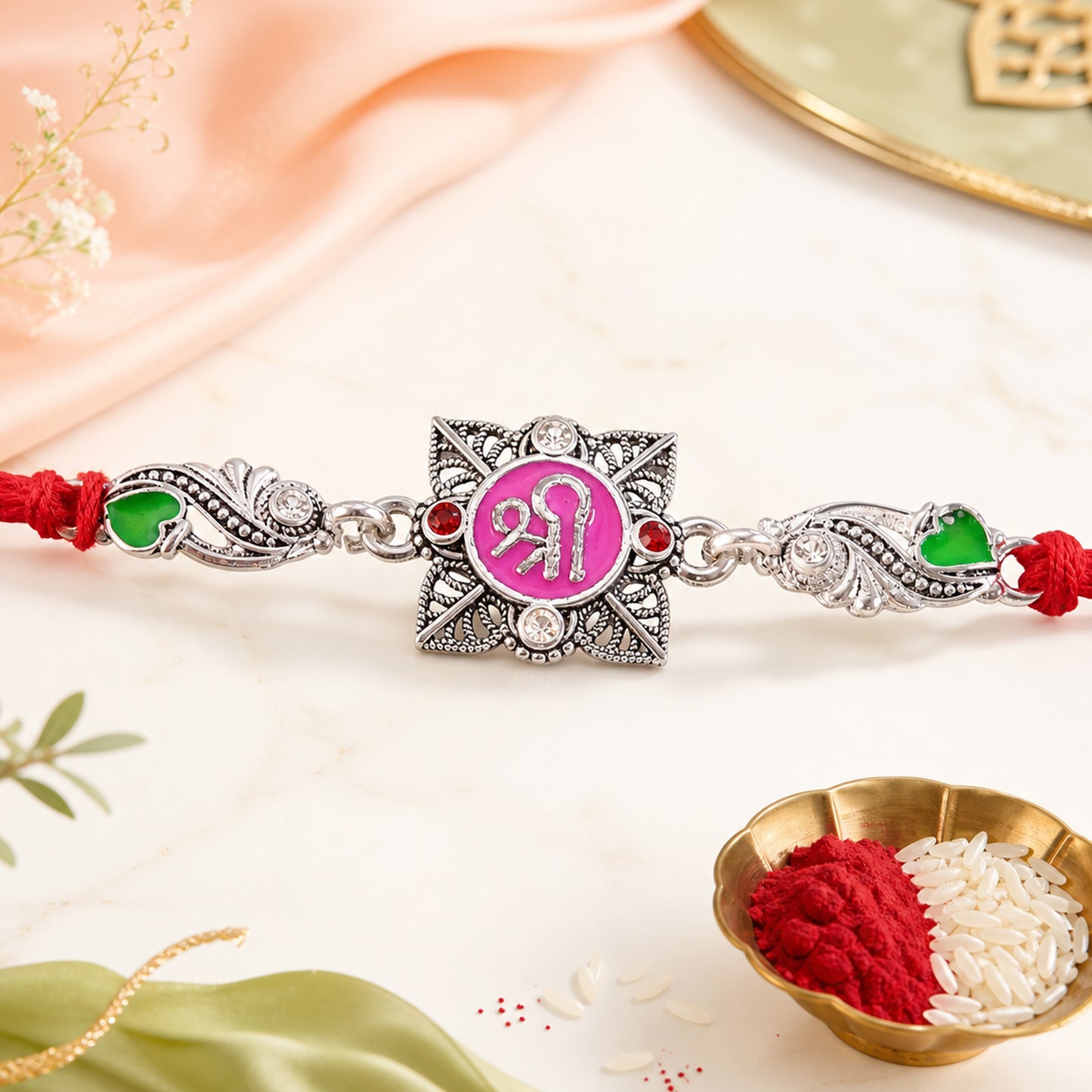 Silver-Toned Shree Rakhi with Pink Enamel, Crystal Accents & Designer Red Thread