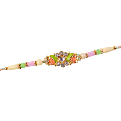 Ornate Rakhi featuring Floral Mirror Medallion, bead line and chain look for Gift Use