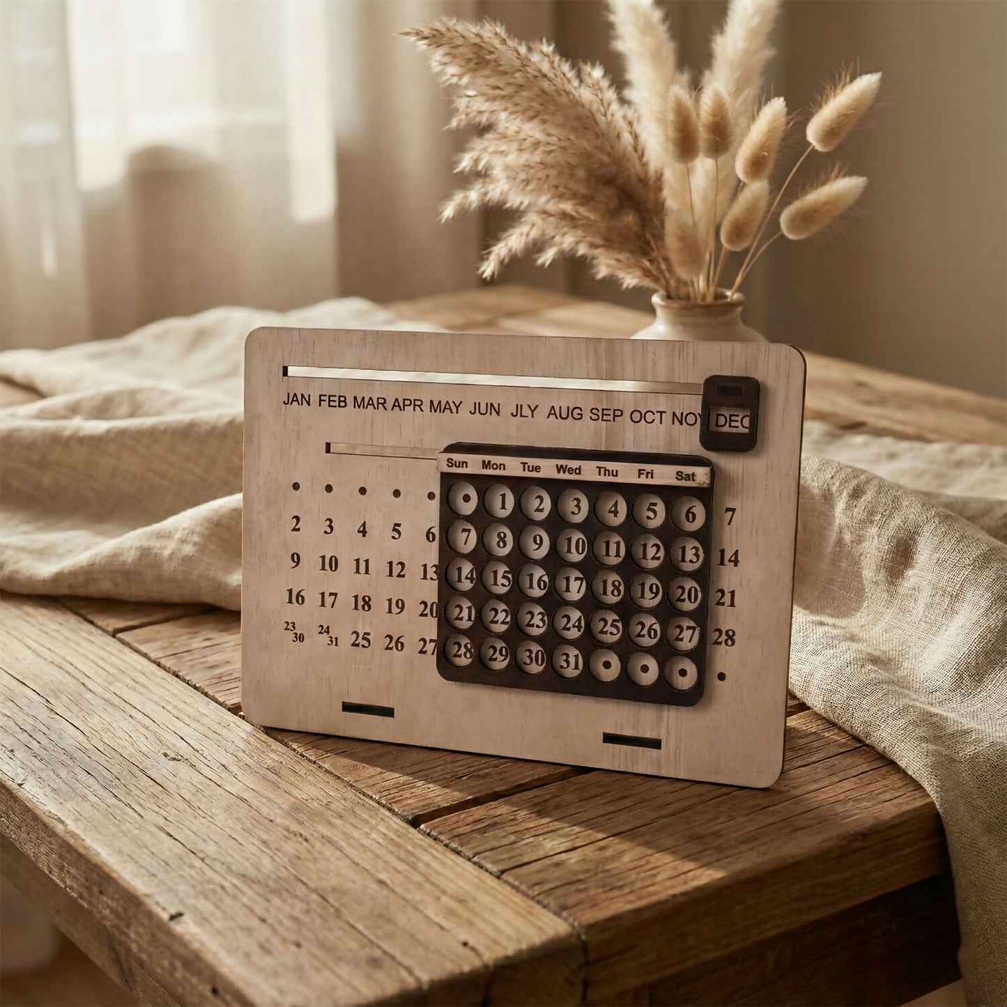 Wooden Perpetual Desk Calendar with Sliding Month Marker & Date Display