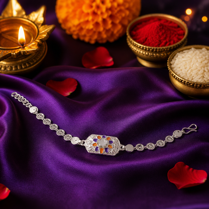 Silver Octagon Floral Enamel Studded Sunburst Chain Rakhi