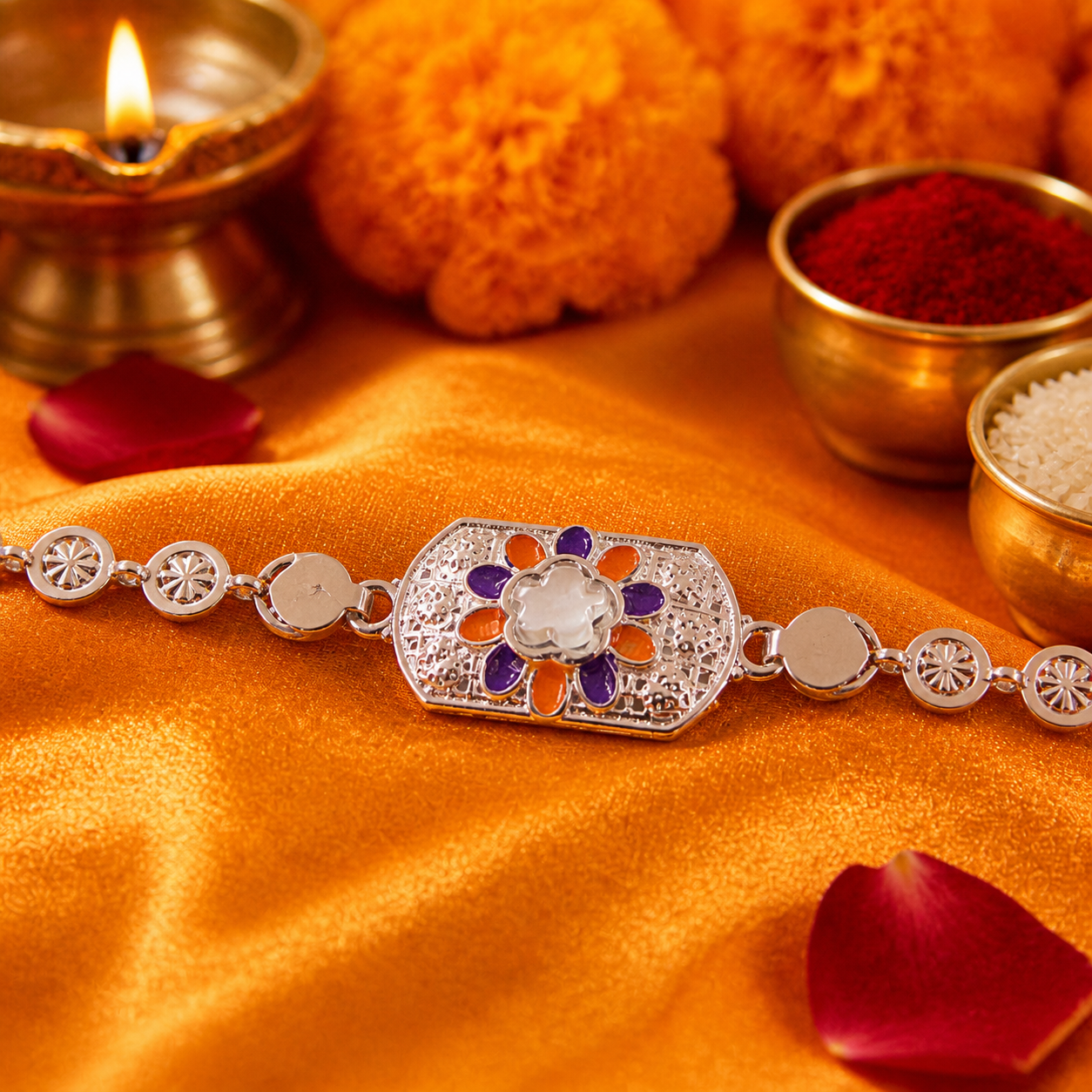 Silver Octagon Floral Enamel Studded Sunburst Chain Rakhi