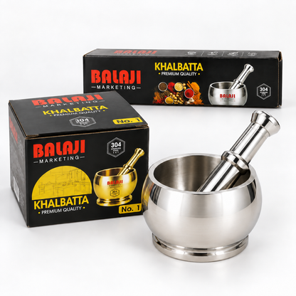 Heavy Duty SS 304 Stainless Steel Khalbatta Mortar & Pestle for Kitchen Grinding