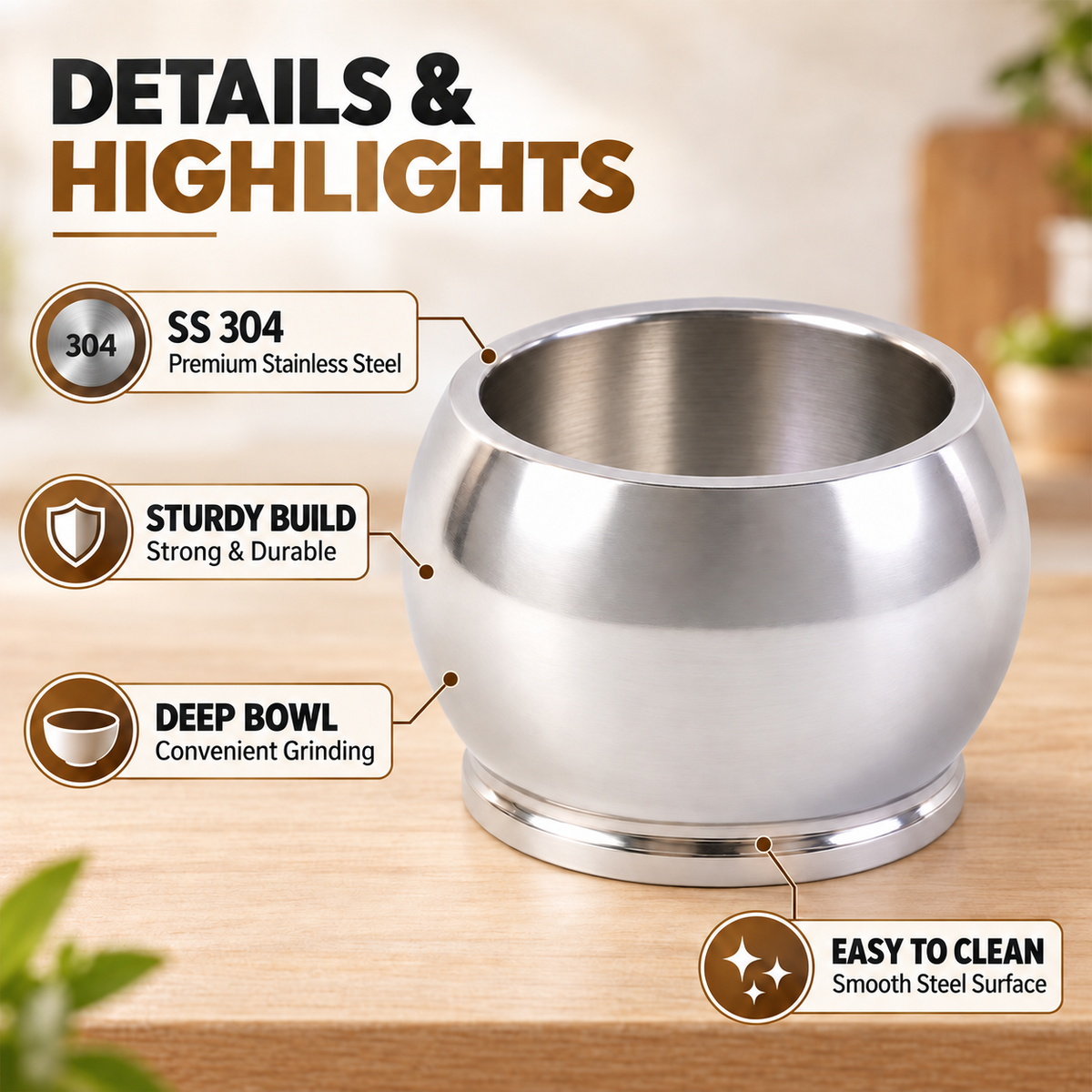 Heavy Duty SS 304 Stainless Steel Khalbatta Mortar & Pestle for Kitchen Grinding