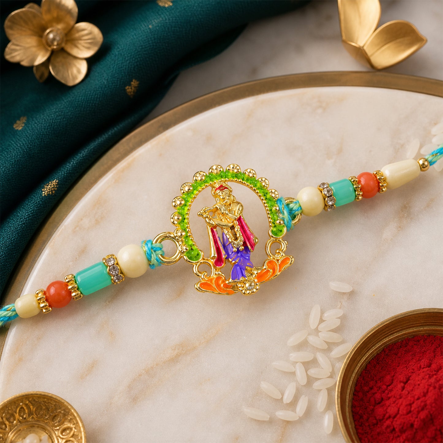 Lord Krishna Flute Arch Pendant Rakhi with Pastel Beads