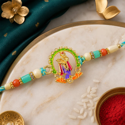 Lord Krishna Flute Arch Pendant Rakhi with Pastel Beads