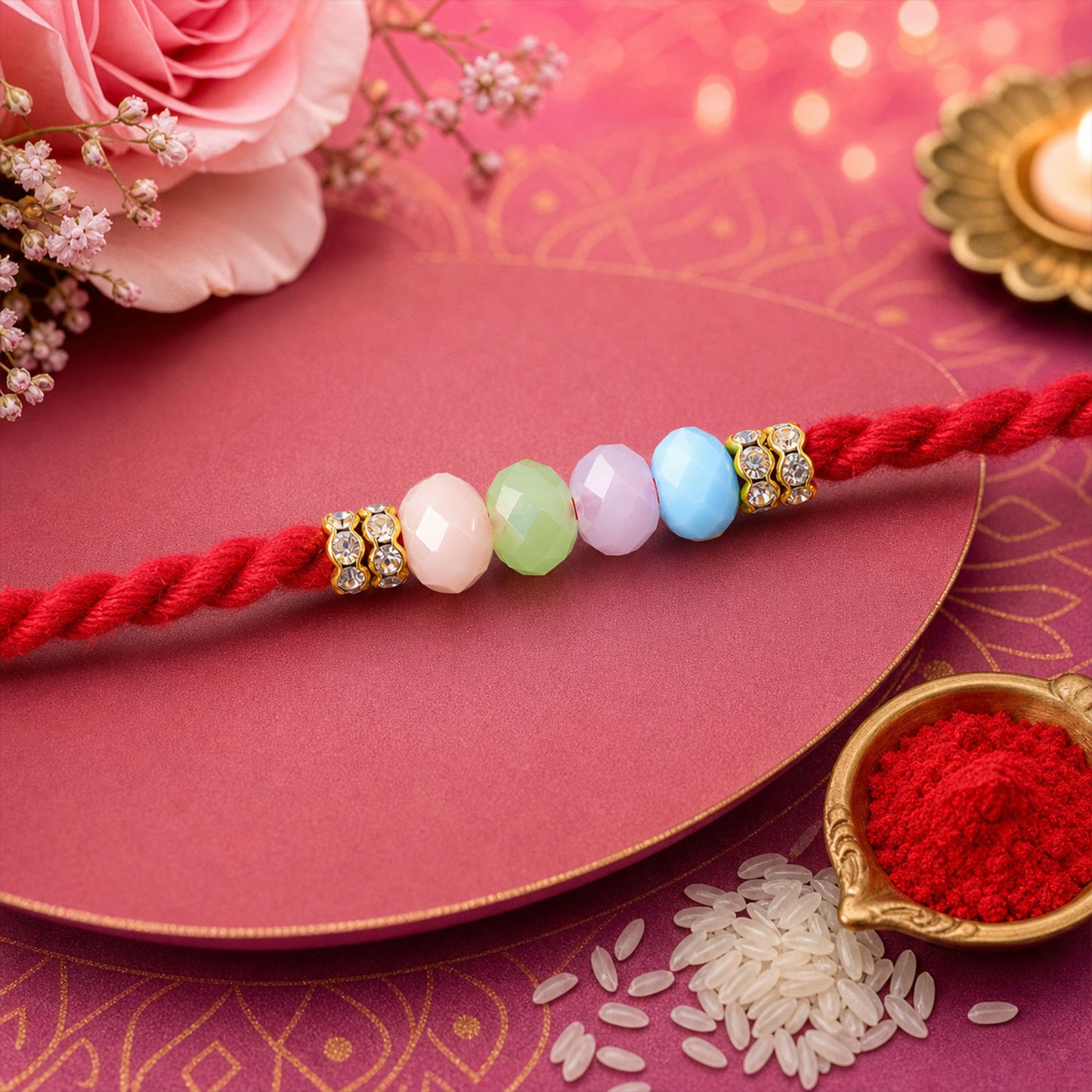 Red Twisted Cord Rakhi with Soft Pastel Multicolour Bead Accents