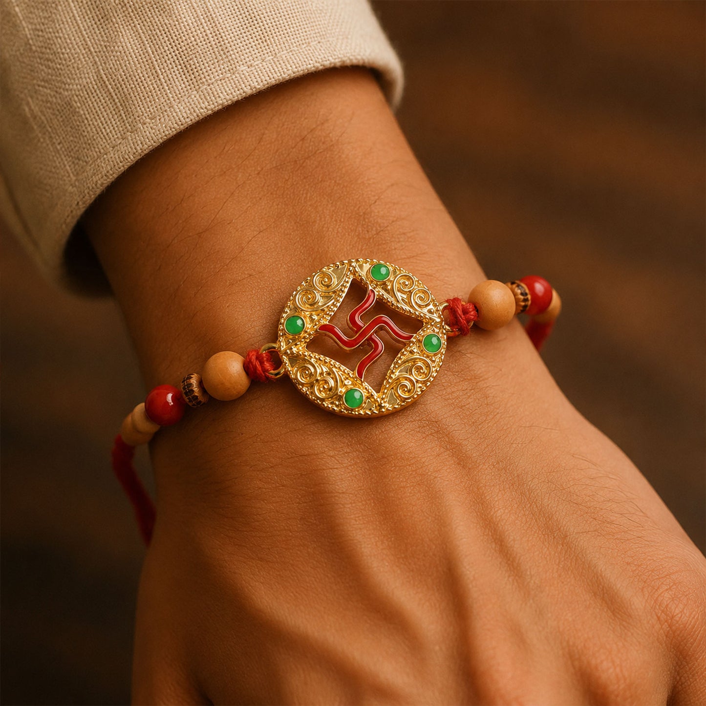 Multicolor Swastik Rakhi with Peach Beads and Navy Backdrop
