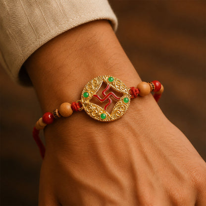 Multicolor Swastik Rakhi with Peach Beads and Navy Backdrop