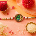 Shop Peacock Feather Rakhi with Pearl Bead Accents Red Thread (10pcs)