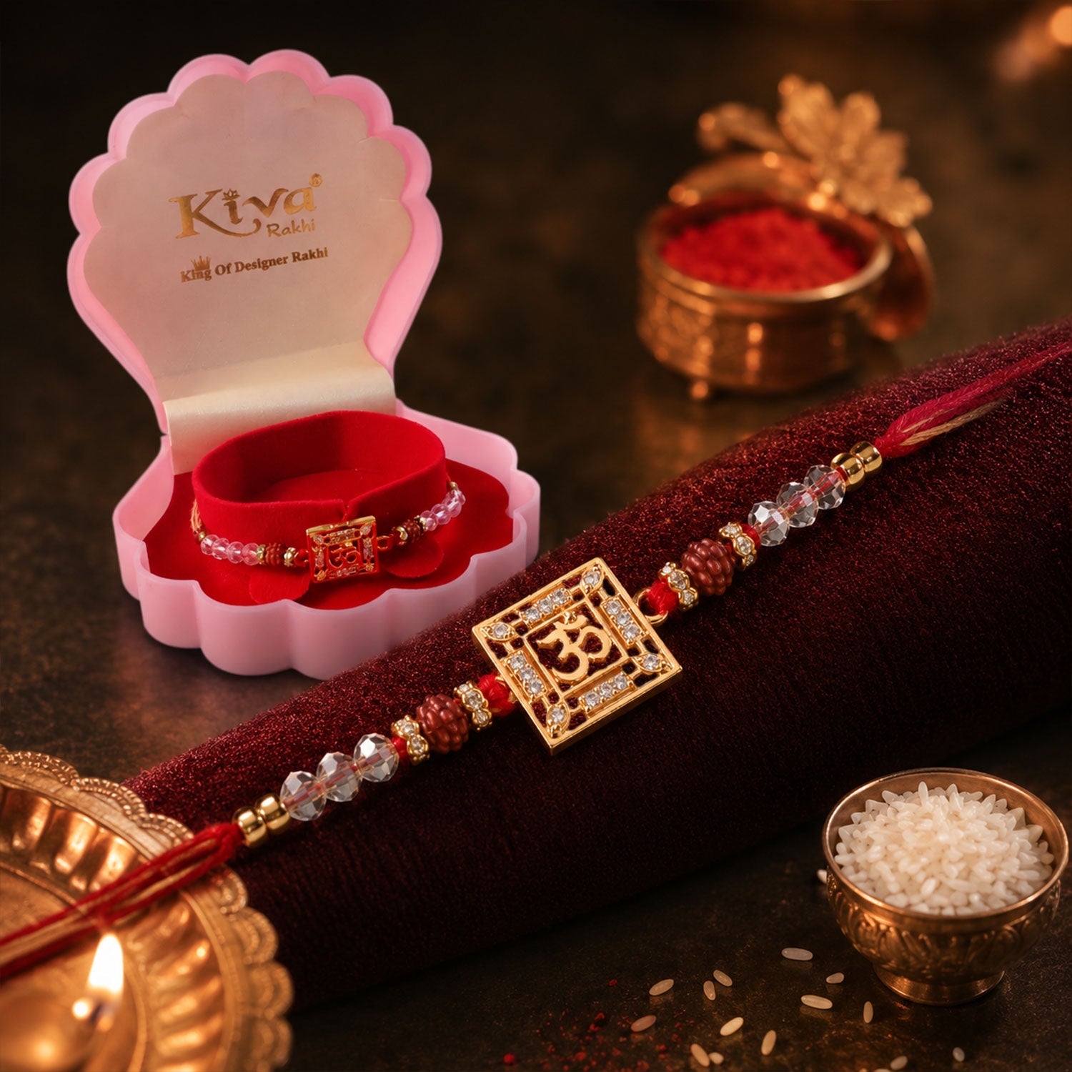 Auspicious Om Symbol AD Rudraksha Rakhi for Brother, Crystal Beads Gift