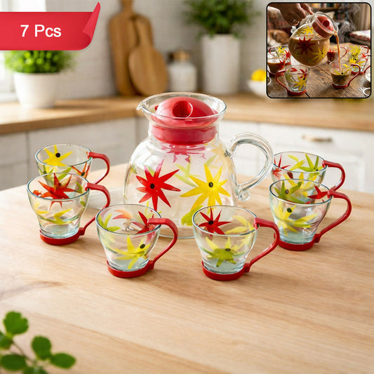Premium 7 Pc Glass Tea Set Floral Jug with 6 Cups Heat Resistant Serving Set