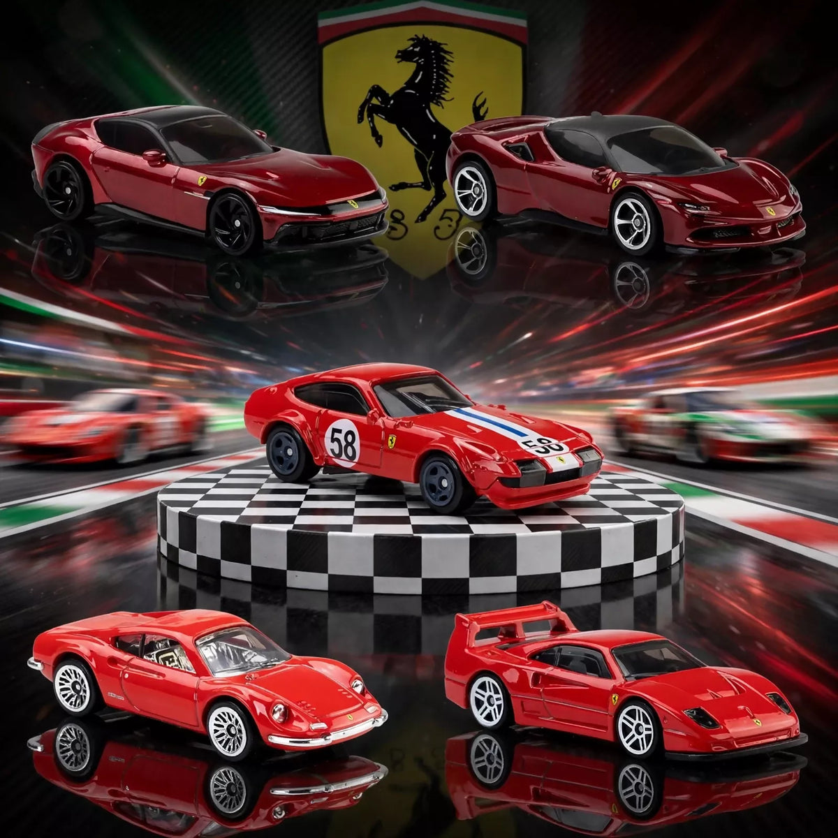 Five red Hot Wheels Ferrari cars arranged around a checkered podium, with a large Ferrari emblem in the background and red