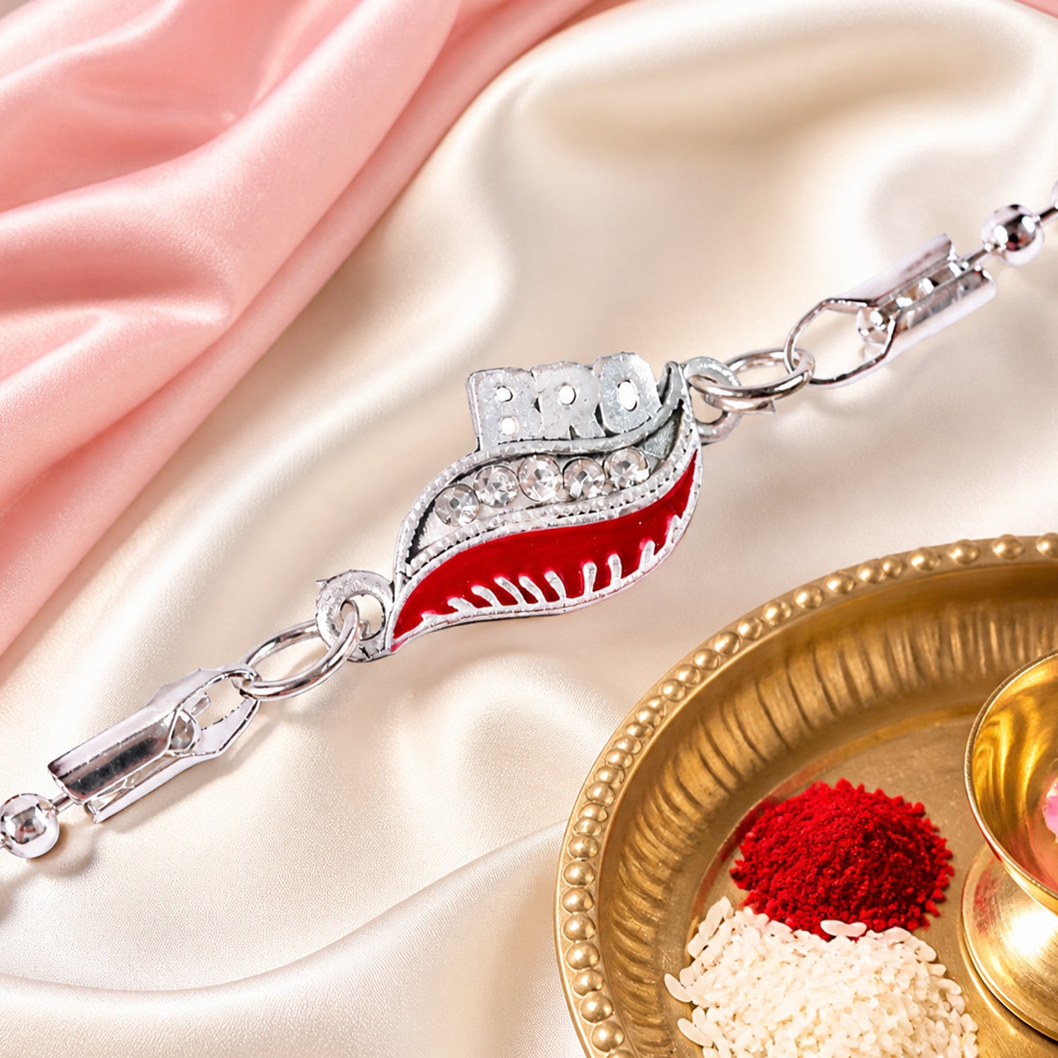Bro Leaf Crystal Studded Enamel Silver Chain Designer Rakhi