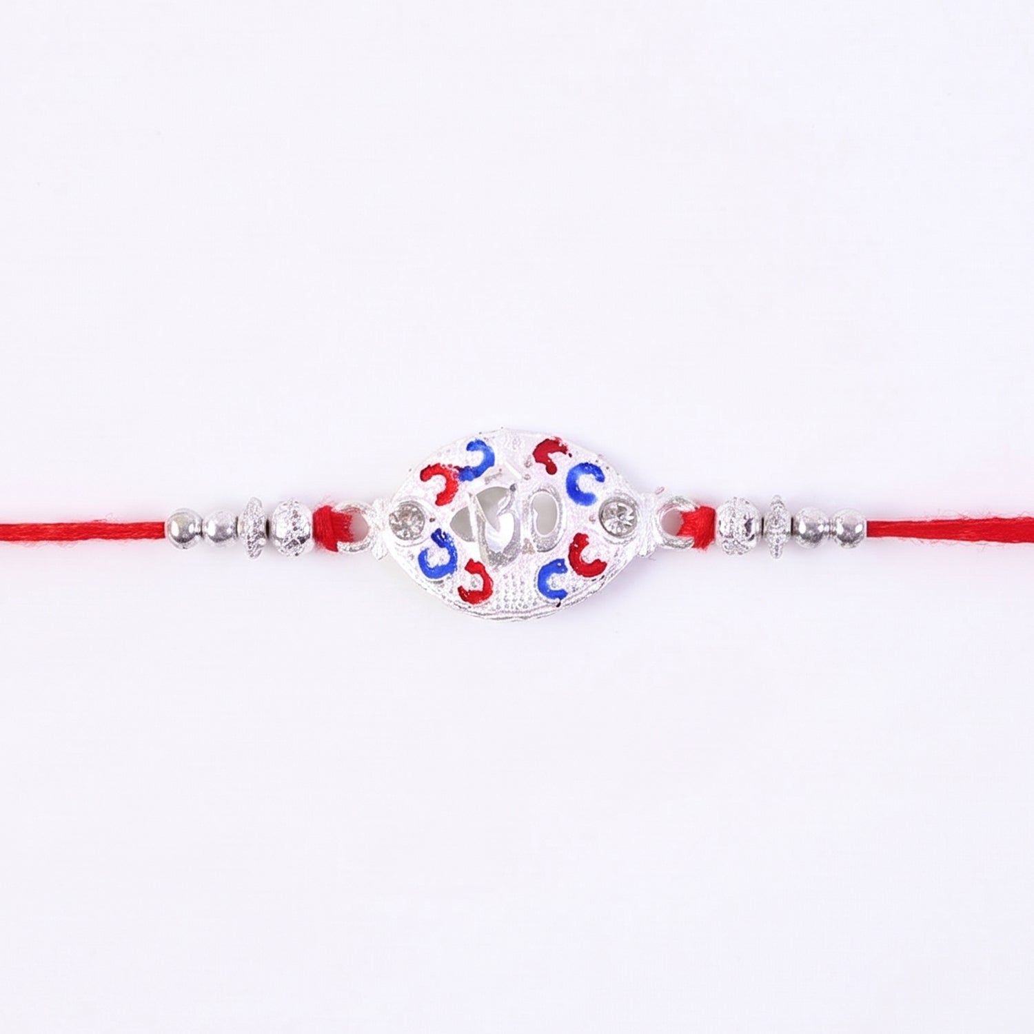 Silver Om Rakhi for Boys with Red Thread and Colorful Accents