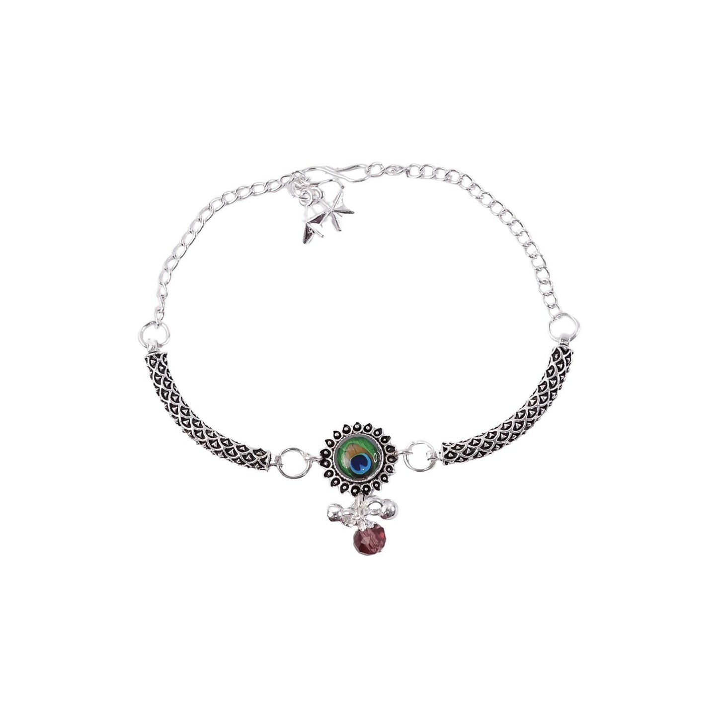 Peacock Stone Silver Charm Bracelet with Adjustable Chain for Women