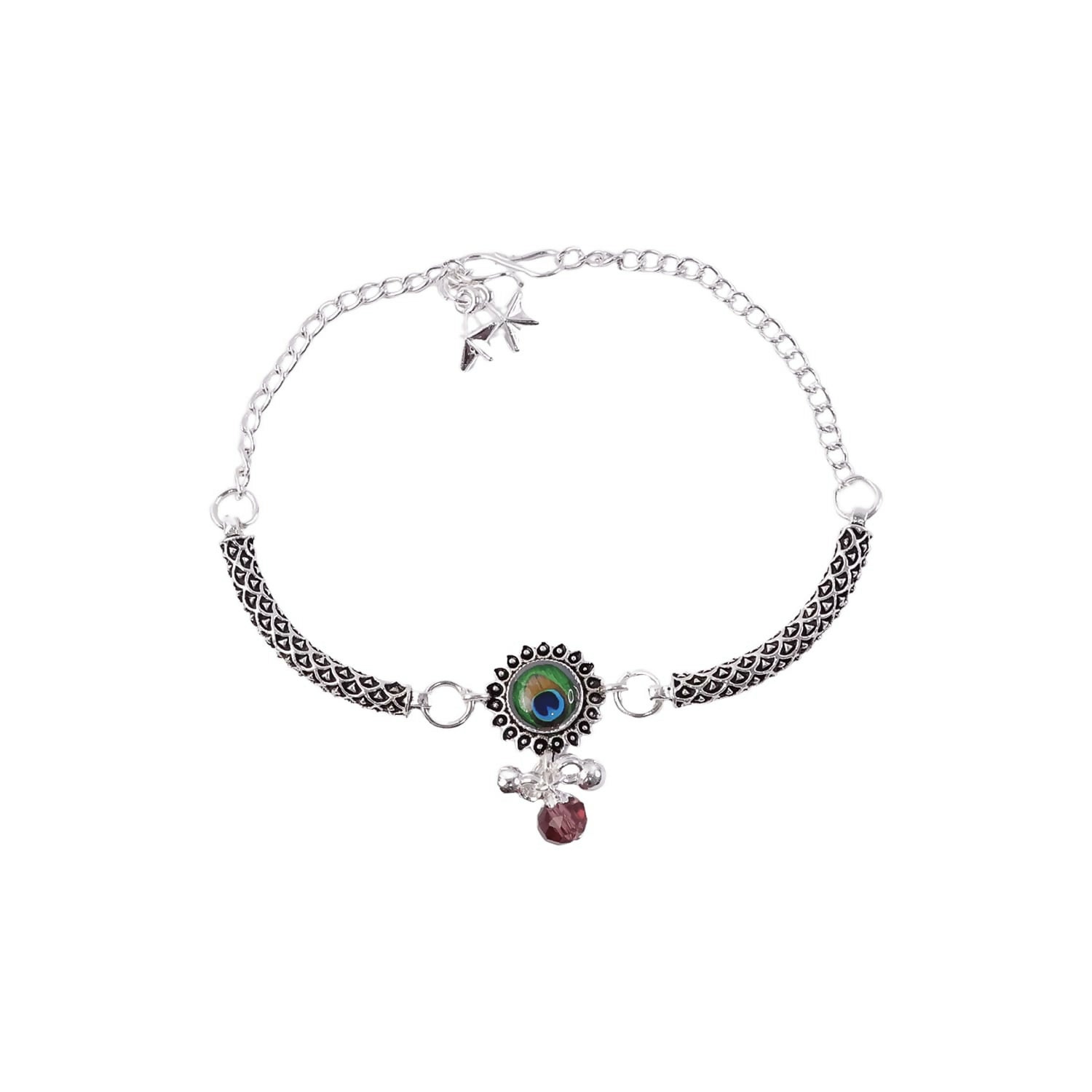 Peacock Stone Silver Charm Bracelet with Adjustable Chain for Women