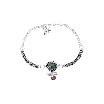 Peacock Stone Silver Charm Bracelet with Adjustable Chain for Women