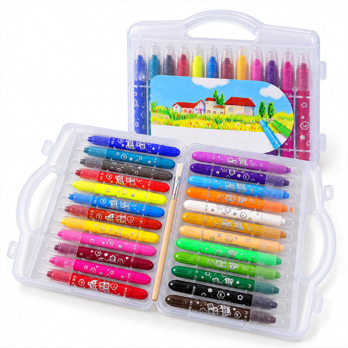 Twist-Up Water-Soluble Colour Crayons with Brush and Carry Case (24 Pc)