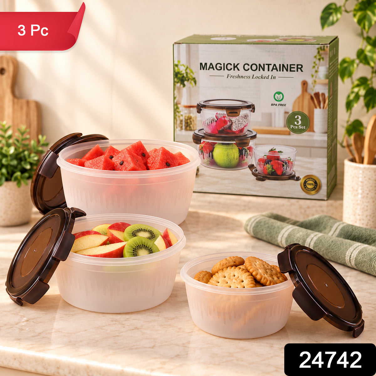 Magick Round Food Storage Containers with Clip-On Lids in Three Sizes (3 Pc)